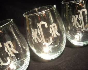 Monogrammed Stemless Wine Glasses, Set of 4
