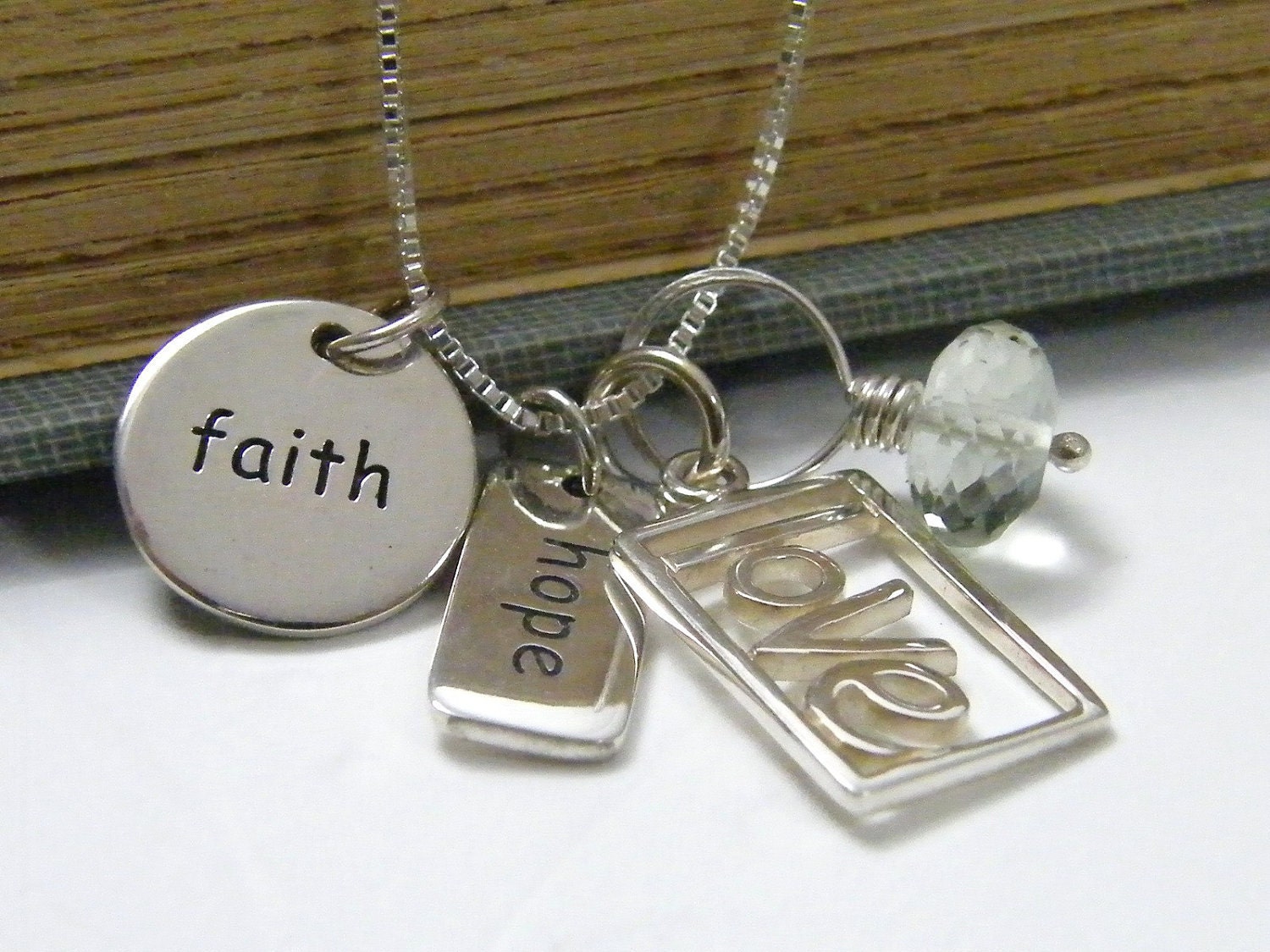 faith hope love necklace sterling silver charms and faceted