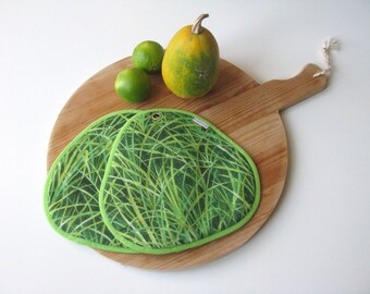 green grass pair of potholders - fun potholders - farm country kitchen - green grass - hot pads