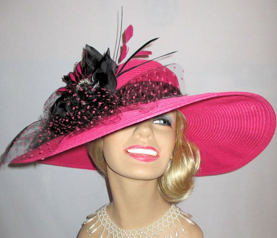 PINK SPLENDOR - Shocking Pink Wide Brim Straw Derby Hat With Black ...