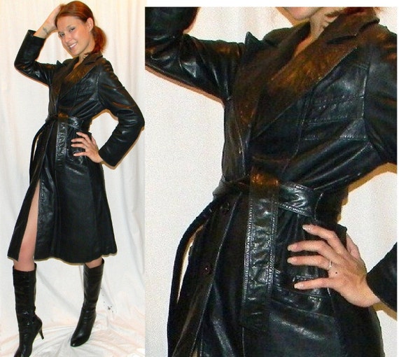 SEXY 70s black leather womens trench spy coat