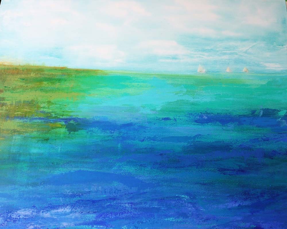 Large abstract seascape print with sailboats titled by AquaGirlArt