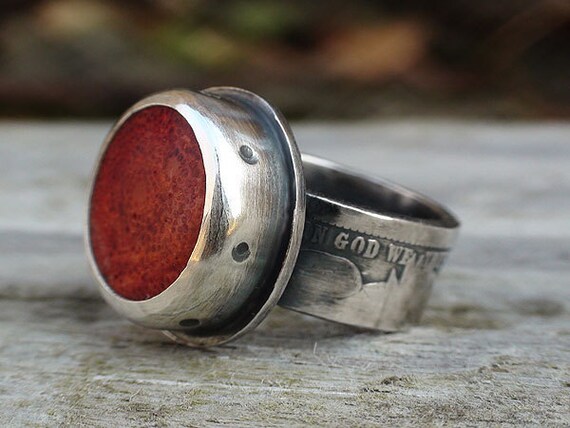 RING SALE. Silver Coin Ring US Barber Quarter Dollar with Red Coral