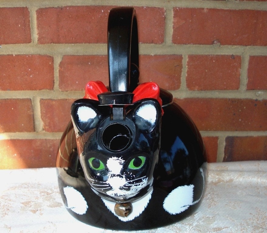 Vintage Black Cat and Red Bow Tea Pot Kettle Just in Time