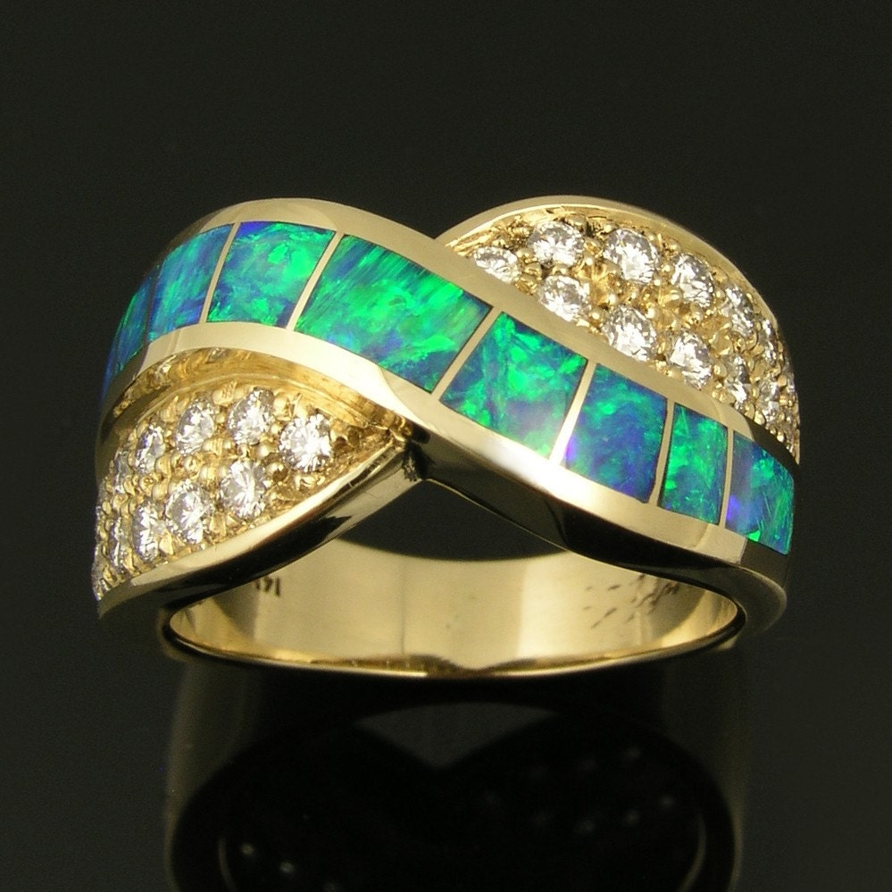 Australian opal inlay ring in 14k gold with diamonds