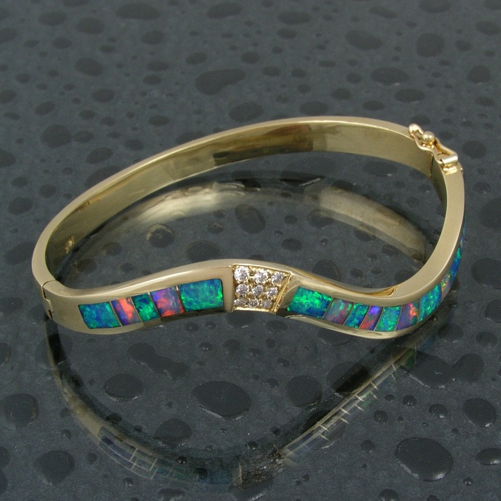 Australian opal bracelet with diamonds in 14k gold