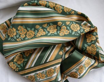 Retro Vintage Fashion Scarf 1980s Orange Dark and Light Green White Stripe Floral Flowers Pattern NOS New Old Stock