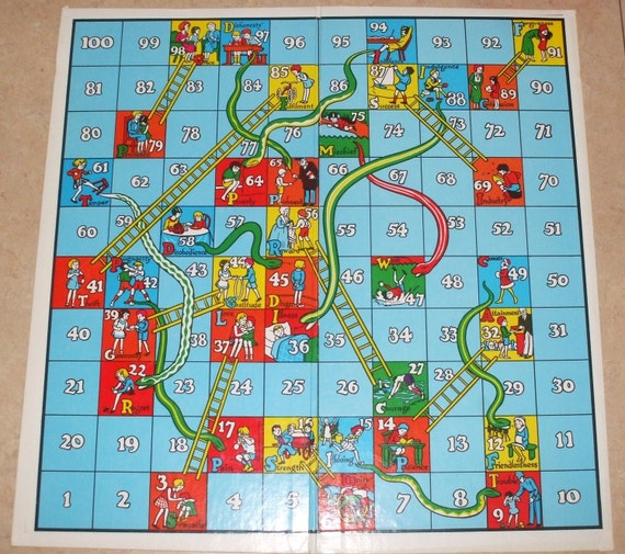 Vintage 1950s game board....snakes and ladders...teaches