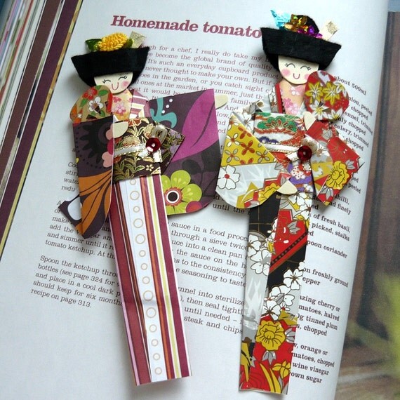 Set of 2 Origami Geisha Bookmark Japanese Girls in Kimono