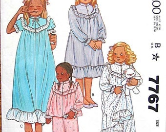 Vintage 80's Children's Girls' Toddler's Nightgown and Pajamas, PJs McCall's 7767 Sewing Pattern UNCUT Size 2