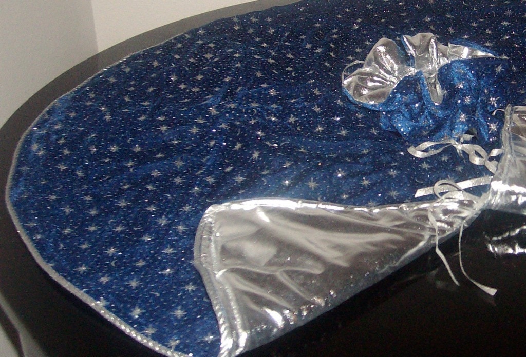 Christmas Tree Skirt blue velvet with metalic silver stars