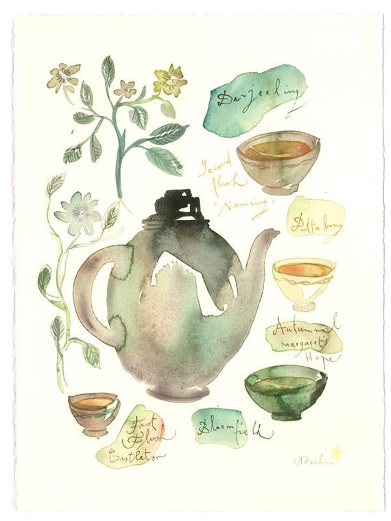 Tea watercolor painting Darjeeling tea Art for kitchen