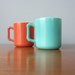 Milk Glass Mug Set by Anchor and Hocking Teal and Orange Medium Size Mugs 1950s