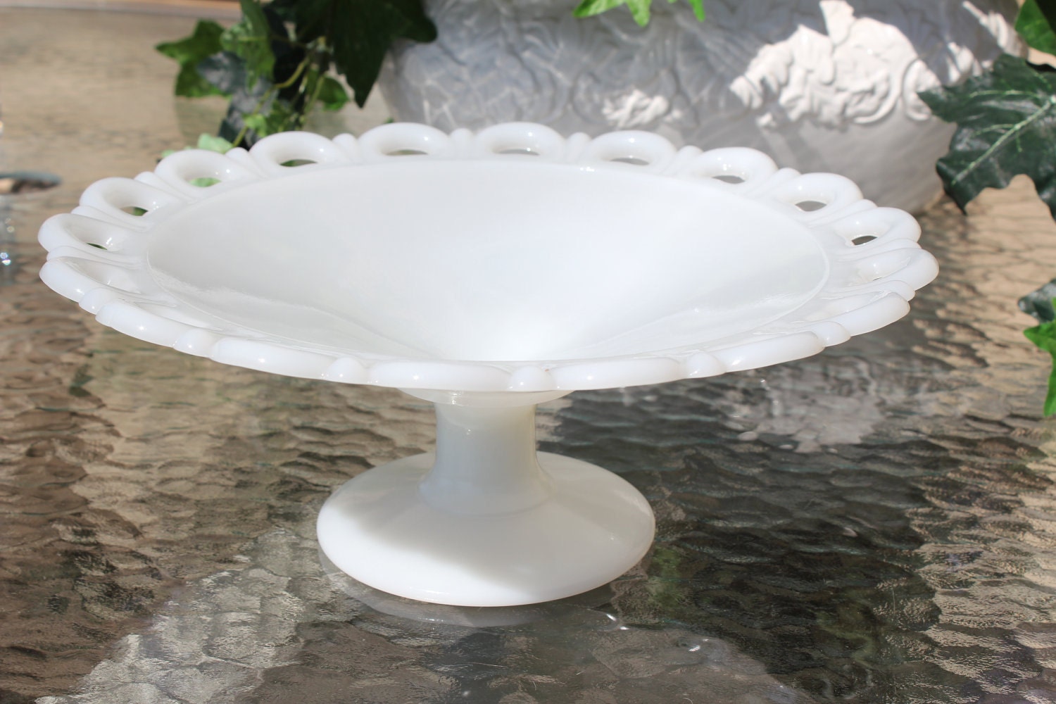 Milk Glass Fruit Bowl On Pedestal White Lace Edge Serving