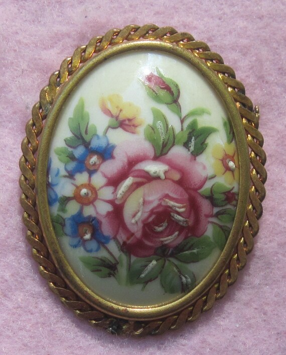 Limoges Porcelain Hand Painted Rose Flower Brooch