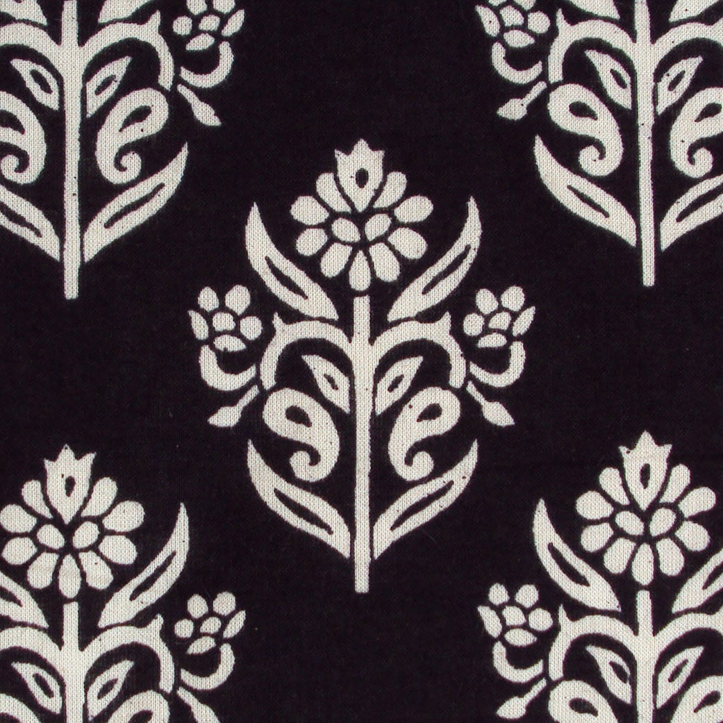 Hand Block Print Cotton Fabric White On Black Floral By Pallavik