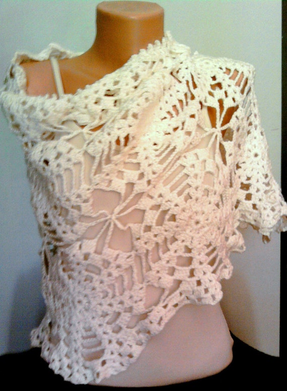 Crochet White Rectangular Cotton Shawl Scarf Wrap by sebsurer
