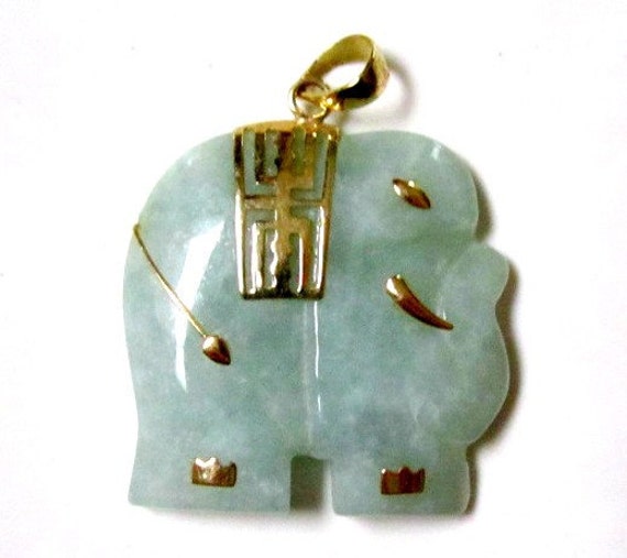 10K Gold Genuine Green Jade Elephant Pendant Great Gift Idea