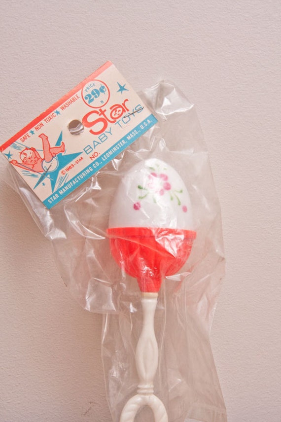 Vintage Baby Rattles celluloid plastic round baby head egg