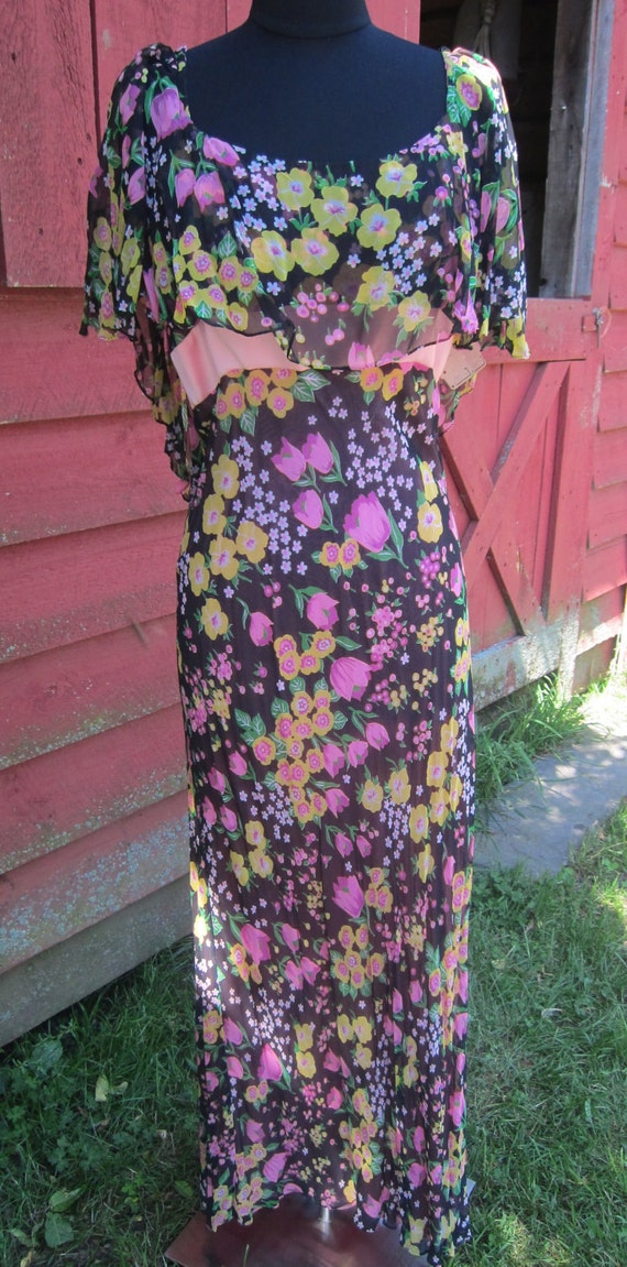 1970s Maxi Dress. New Old Stock Floral angel Flutter by MISSIONMOD