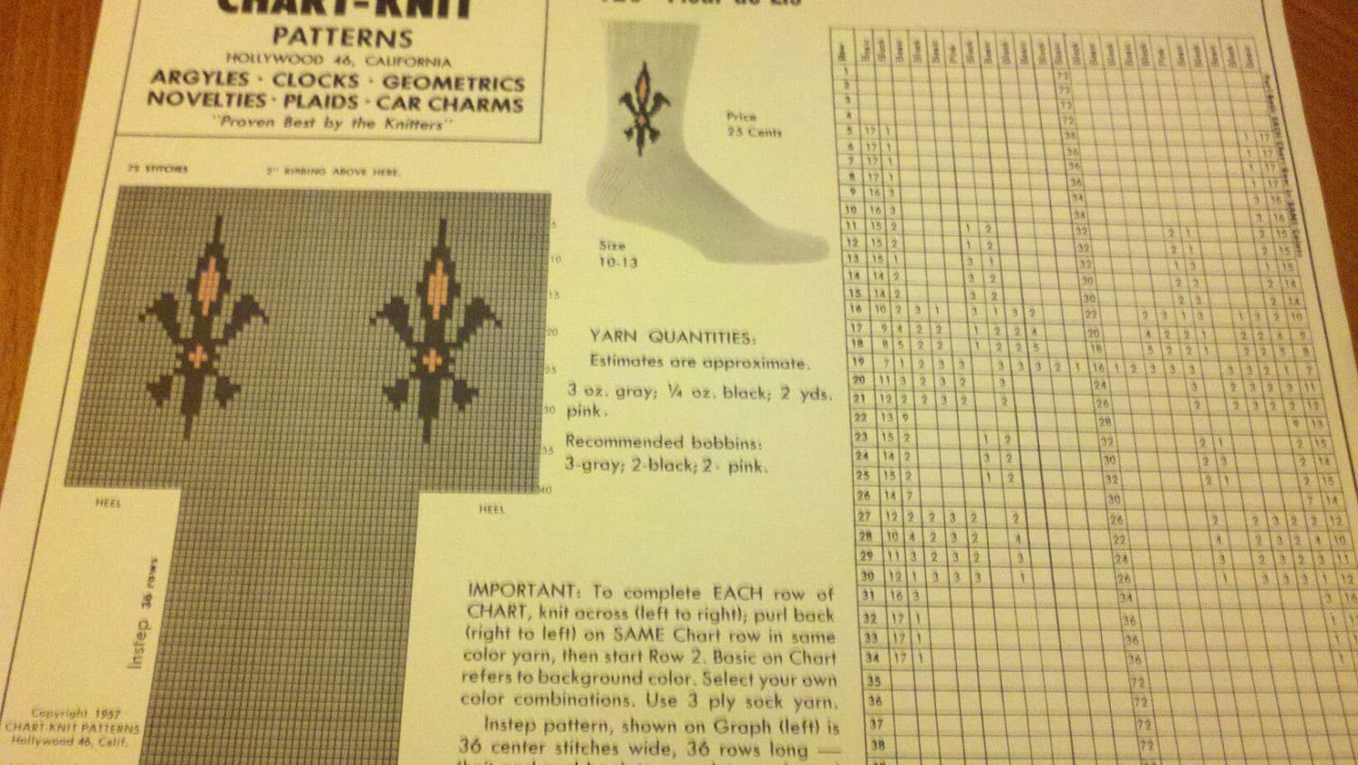 fleur de lis sock chart pattern knitting pattern 1957