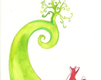 Fox with TreeSwirl 5x7 Giclee Print