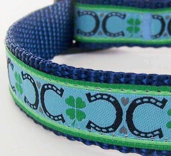 Lucky Dog Collar on Blue / Adjustable Dog Collar / Shamrocks