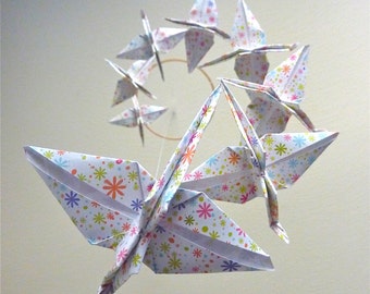 Baby Mobile Origami Crane Mobile Children Decor Eco Friendly Art Baby Nursery Home Unique White Floral Flowers Bird