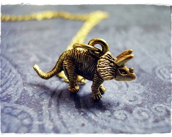 Gold Triceratops Dinosaur Necklace - Antique Gold Pewter Triceratops Charm on a Delicate Gold Plated Cable Chain or Charm Only