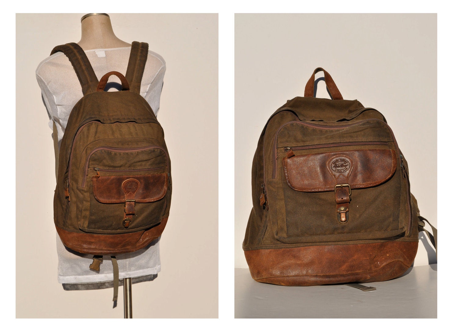 vintage backpack with leather bottom WAXED eddie bauer carry