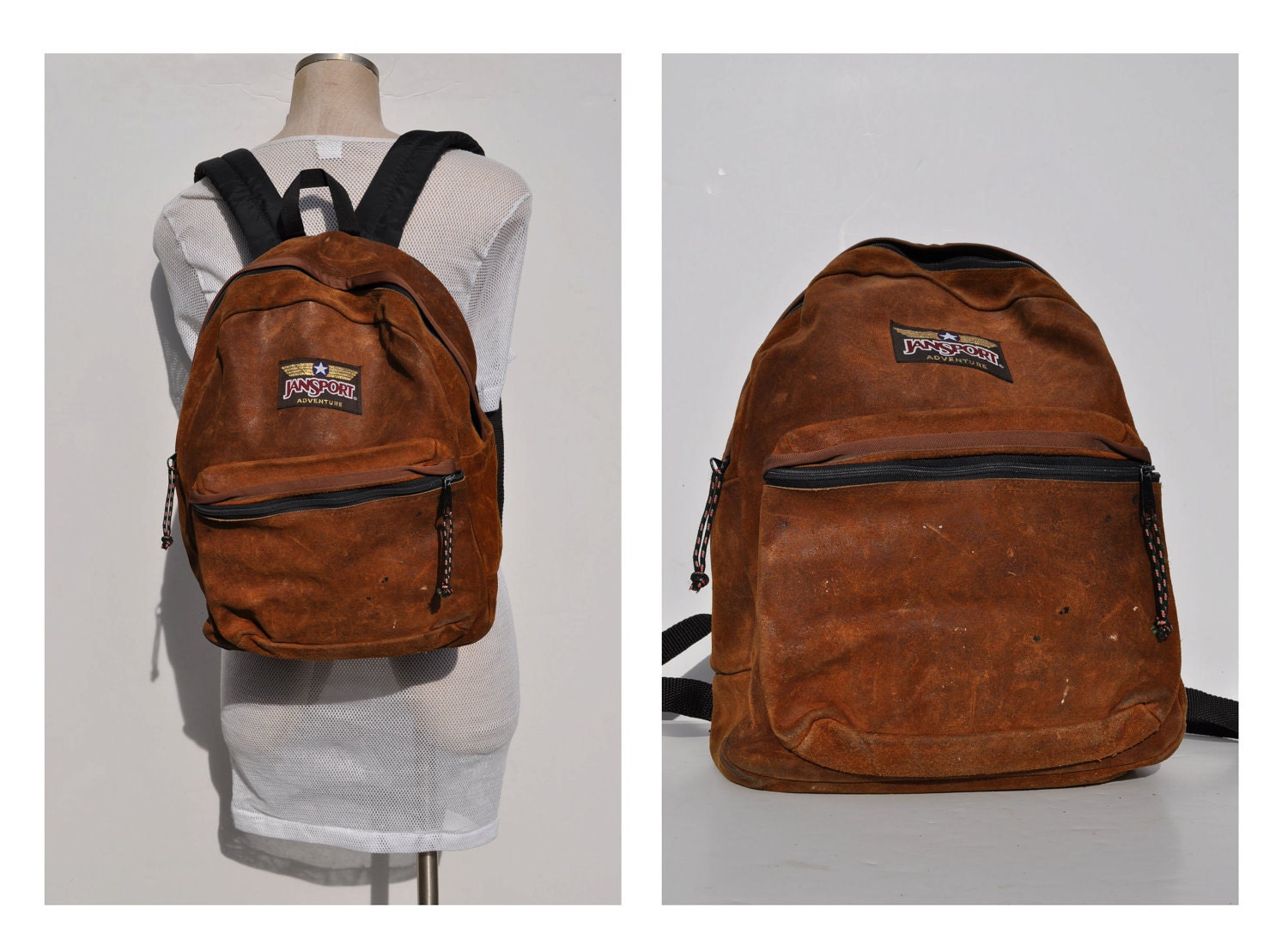 vintage leather backpack JANSPORT back pack rucksack ruck sack