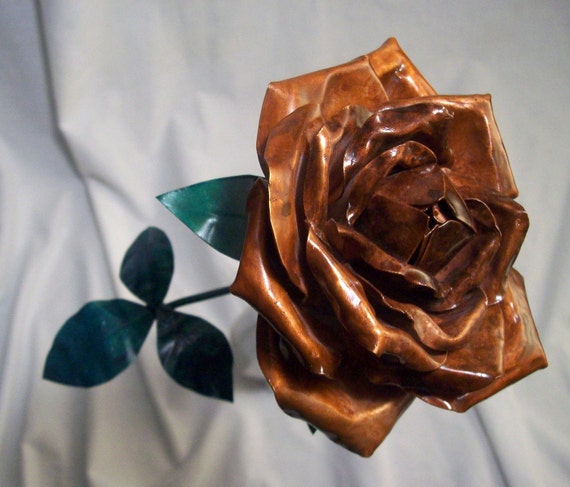 Orange Colored Copper Rose with White Wooden Hand by metalbymartin