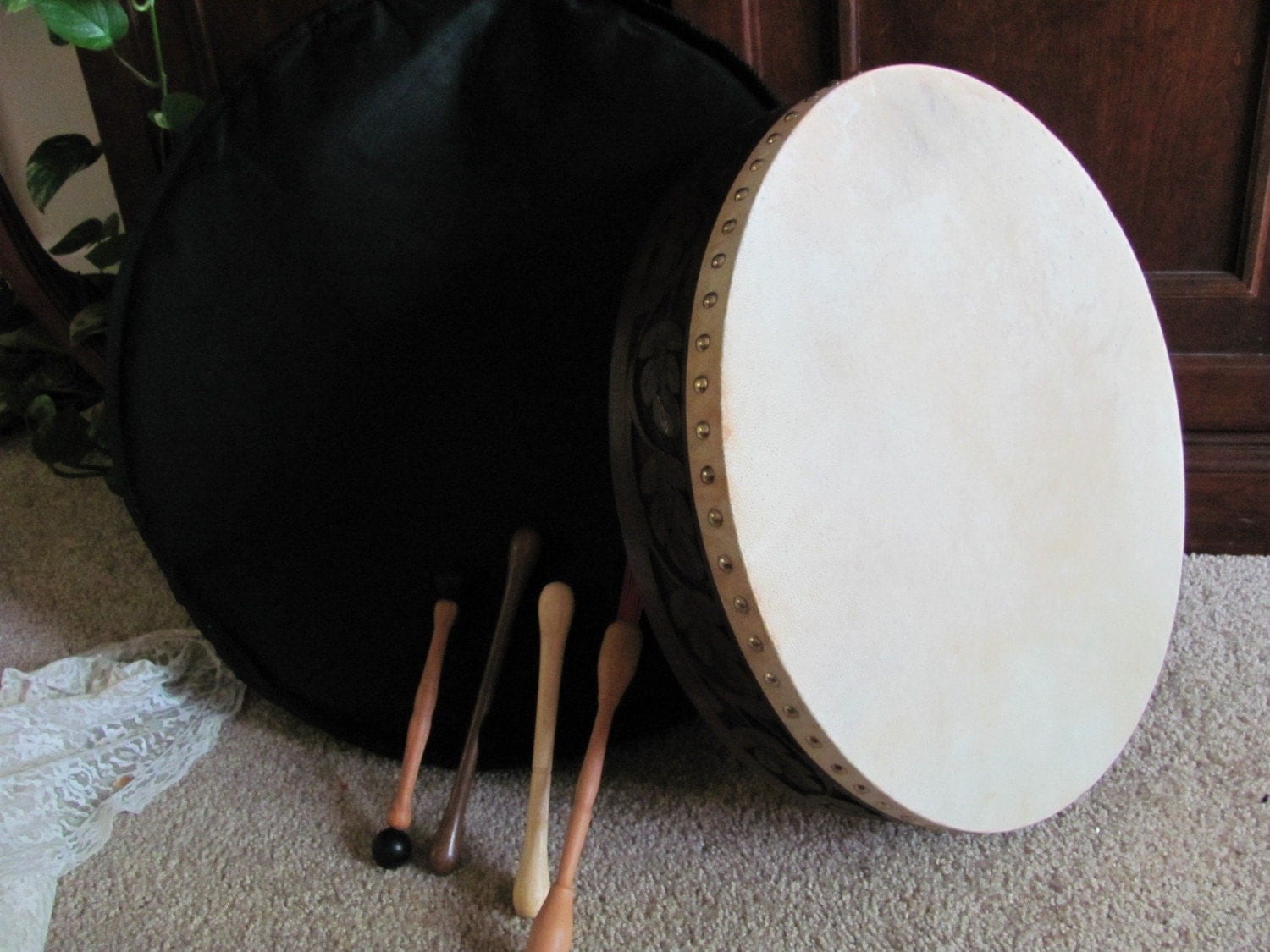 SALE Vintage Rosewood Bodhran Drum with Goat Skin Head