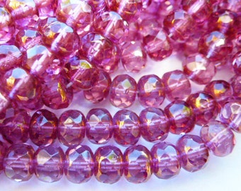 25 Fire Polish Fuchsia Roundel Beads with Gold End Caps 4x6mm size