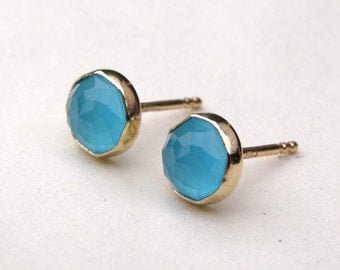 Gold solid Studs, Gold earrings ,Blue Quartz Recycled 14k Gold earrings gold post Earrings- 8mm