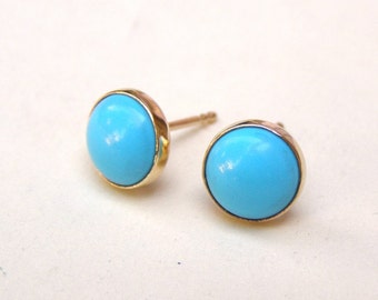Gold Stud, 14k gold earrings ,Turquoise Earrings ,Recycled 14k yellow Gold earrings 6mm, Blue stone earrings, birthday gift, women jewelry