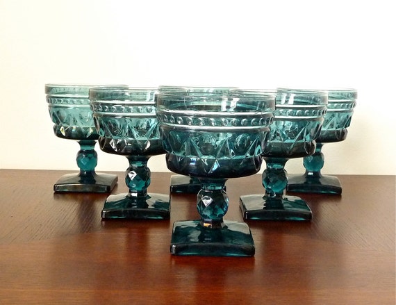 Items similar to Blue Pressed Glass Goblets, Set of 8 on Etsy