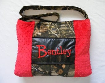 Red Minky Dot with Camouflage Diaper Bags or Bag