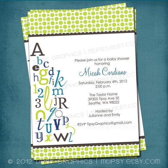 Alphabet Baby Shower Invitation. ABC Library Invite. Bring a letter. Bring a Book. Any colors and text by Tipsy Graphics Il_570xn
