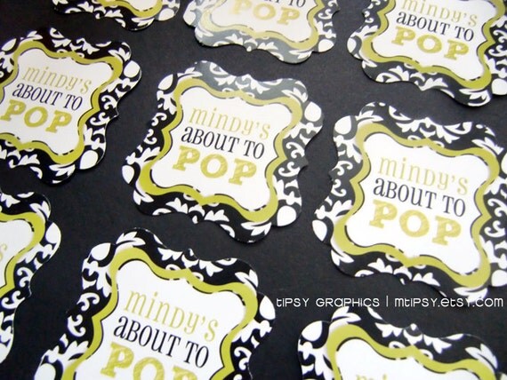 About to Pop. Damask Popcorn Sticker or Tag. Printable file with Option to Print by Tipsy Graphics. Any text and colors. Il_570xn