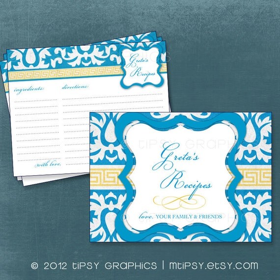 Big Damask Vintage Recipe Cards. Printable Cards for Baby or Bridal Shower or Recipe Swap by Tipsy Graphics. Any Colors Il_570xn