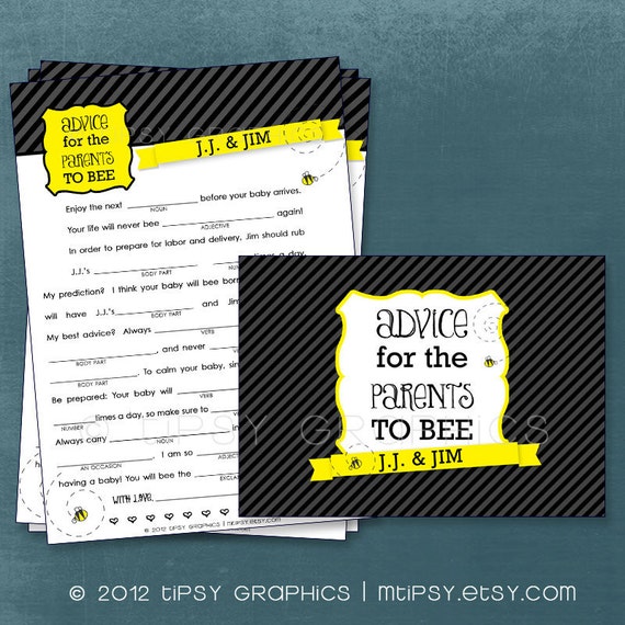 Advice for the Parents to BEE. Bumble Bee Theme. MAD LIB MadLib Adlib Printable Cards. By Tipsy Graphics Il_570xn