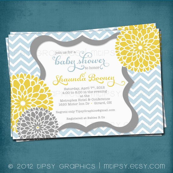 Chevron Mums Baby / Bridal Shower Invite. Baby Blue Yellow Mustard Gray. Gender Neutral. Baby Boy. Spa Pom Pom. DiY Printable Il_570xn