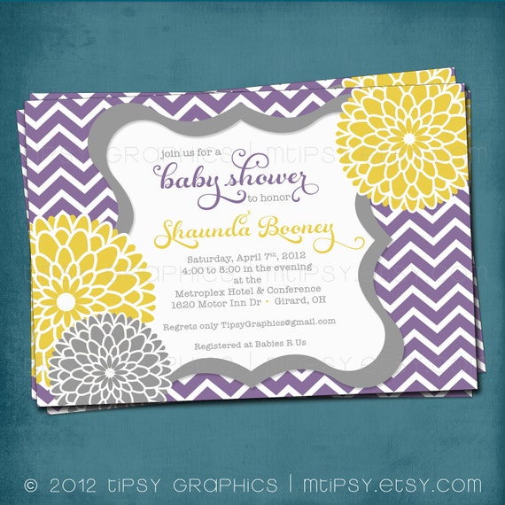 Chevron Mums Baby / Bridal Shower Invite. Purple Lavender Gray Grey Yellow Mustard. Baby Girl. Spa Pom Pom. DiY Printable Il_570xn