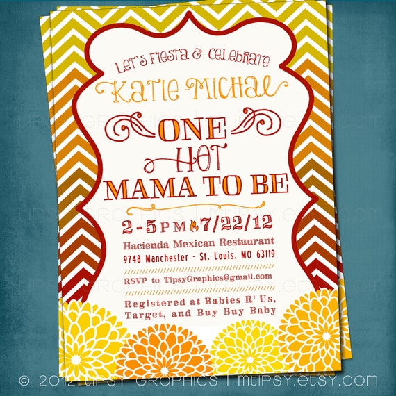 One Hot Mama. Floral Chevron. Baby Shower Fiesta or Party Invite by Tipsy Graphics. Il_570xn