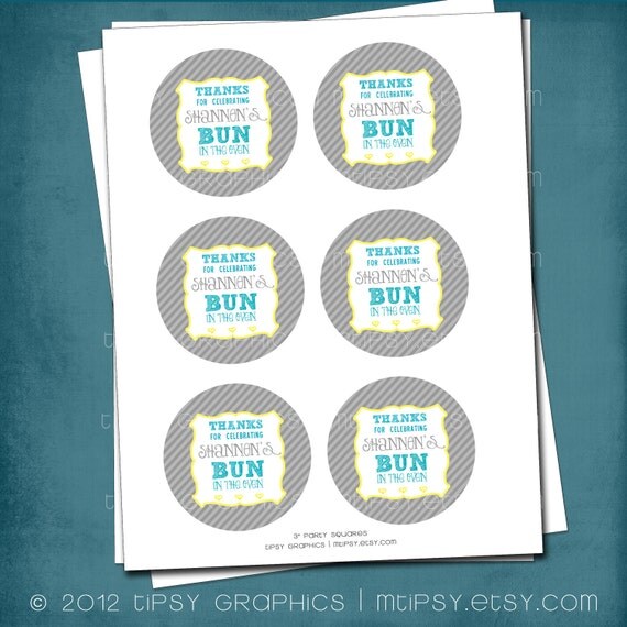 Bun in the Oven Favor Tags or Stickers by Tipsy Graphics. Any colors, text & size. Il_570xn