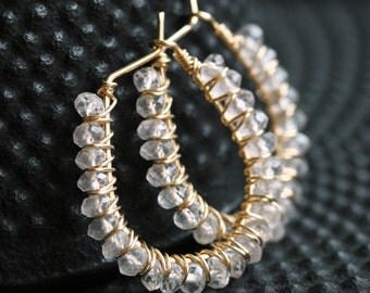 Pale pink rose quartz hoops, 14k gold filled, petal shaped, wire wrapped hoops, beaded hoop, gemstone, Mimi Michele Jewelry