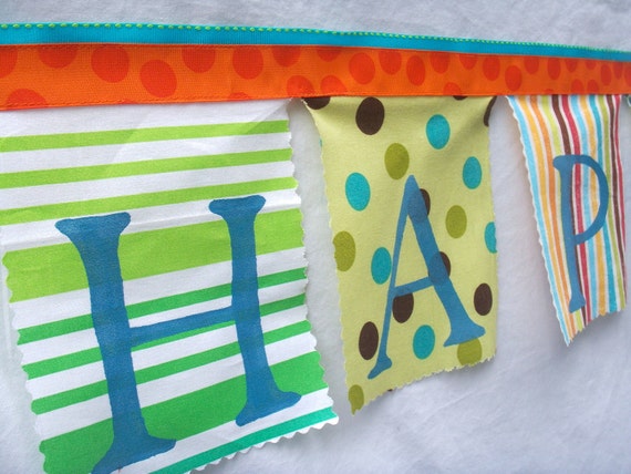 Birthday Banner Whimsical Bunting in Aqua Blue Orange Lime