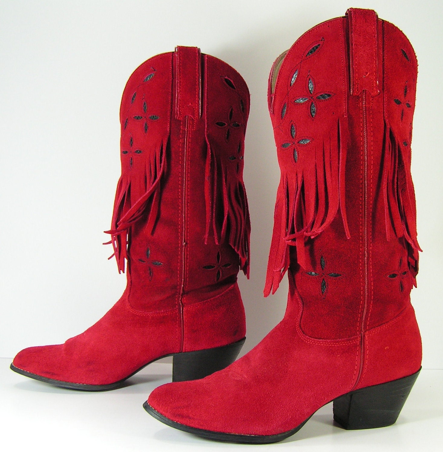 red cowboy boots womens 8 B tassels suede leather fringe