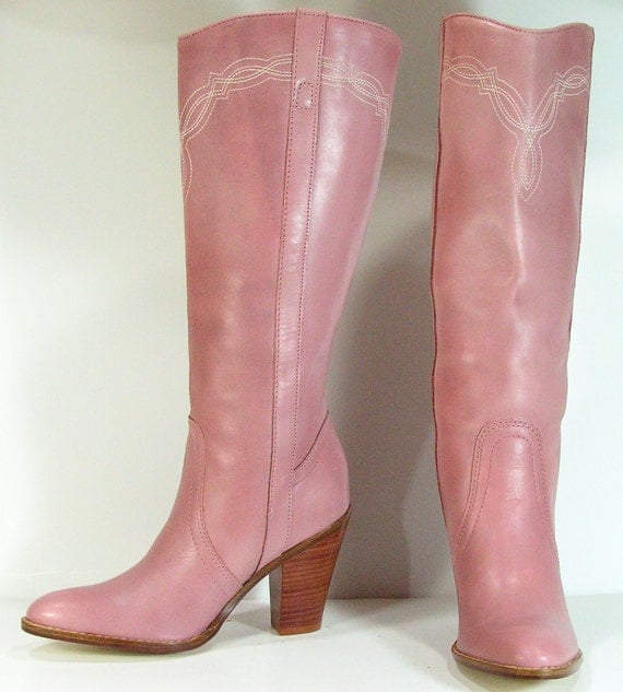 knee high boots womens 6.5 b pink leather cowgirl heeled